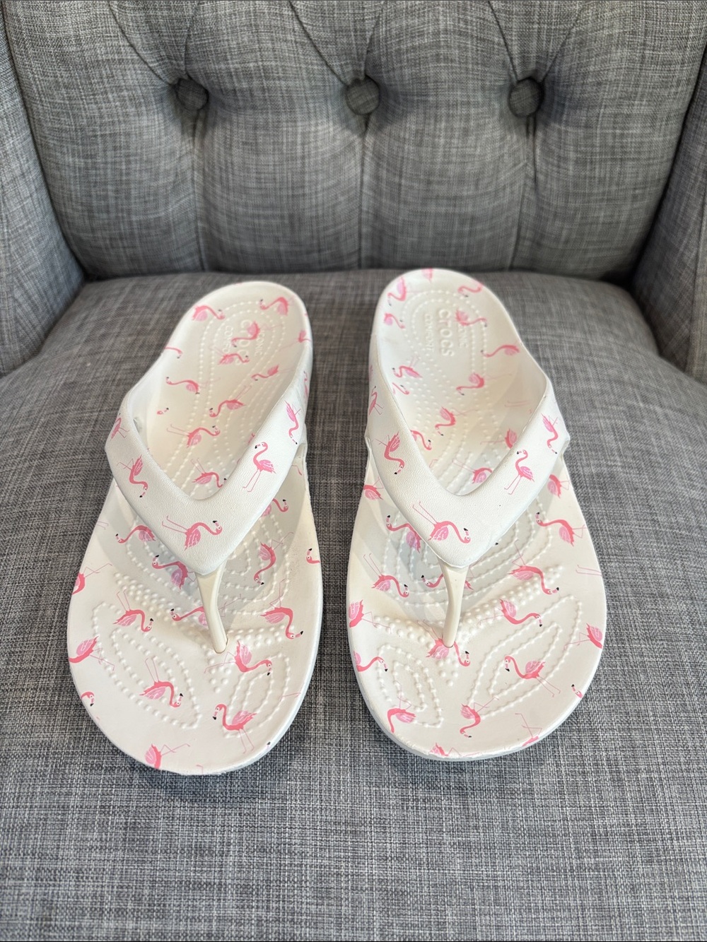 Women’s White Crocs Flip Flops with Pink Flamingo Print